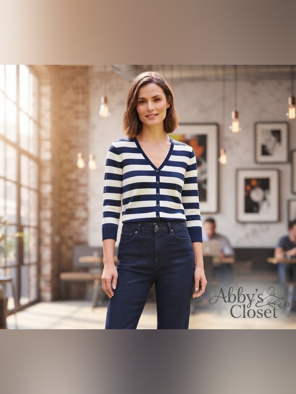 Lord & Taylor Cotton Cashmere Navy Stripe Preppy Nautical Cardigan M